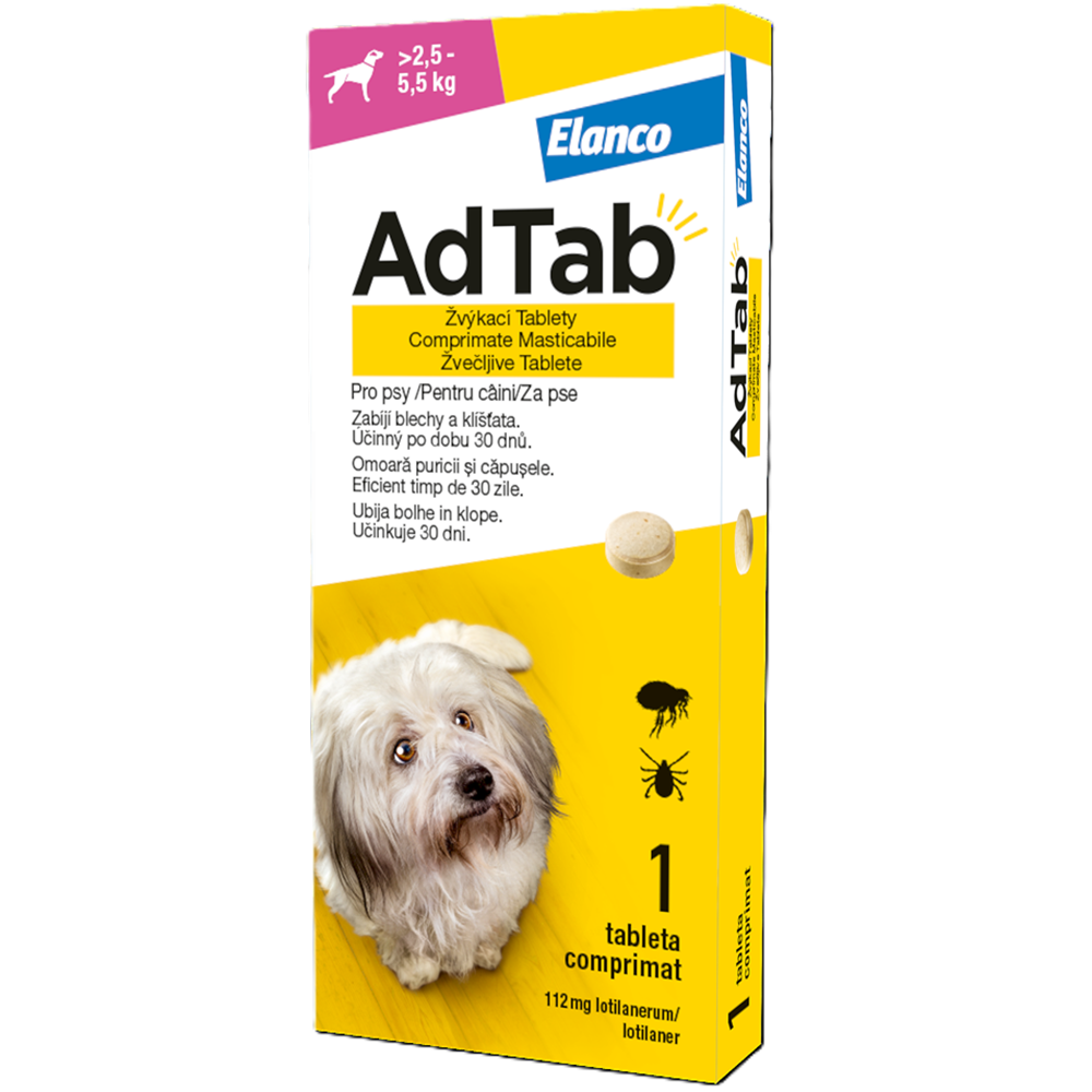 Antiparazitar oral pentru caini 2.5-5.5 kg AdTab Dog, 112.5 mg, 1 tableta, Elanco