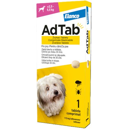 Antiparazitar oral pentru caini 2.5-5.5 kg AdTab Dog, 112.5 mg, 1 tableta, Elanco