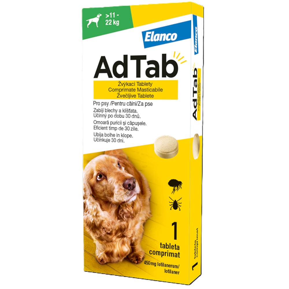 Antiparazitar oral pentru caini 11-22 kg AdTab Dog, 450 mg, 1 tableta, Elanco