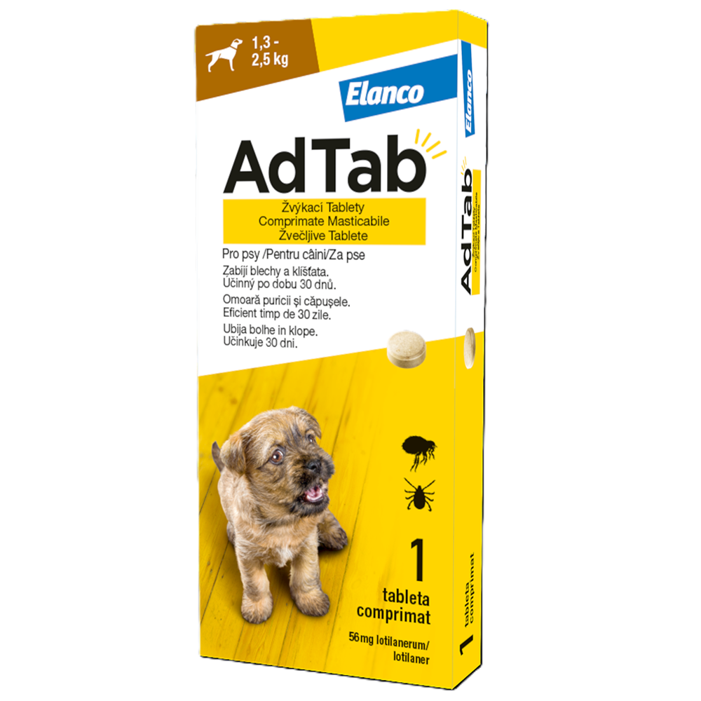 Antiparazitar oral pentru caini 1.3-2.5 kg AdTab Dog, 56.25 mg, 1 tableta, Elanco