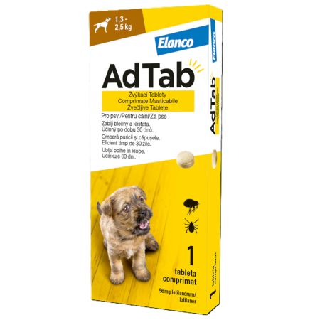 Antiparazitar oral pentru caini 1.3-2.5 kg AdTab Dog, 56.25 mg, 1 tableta, Elanco