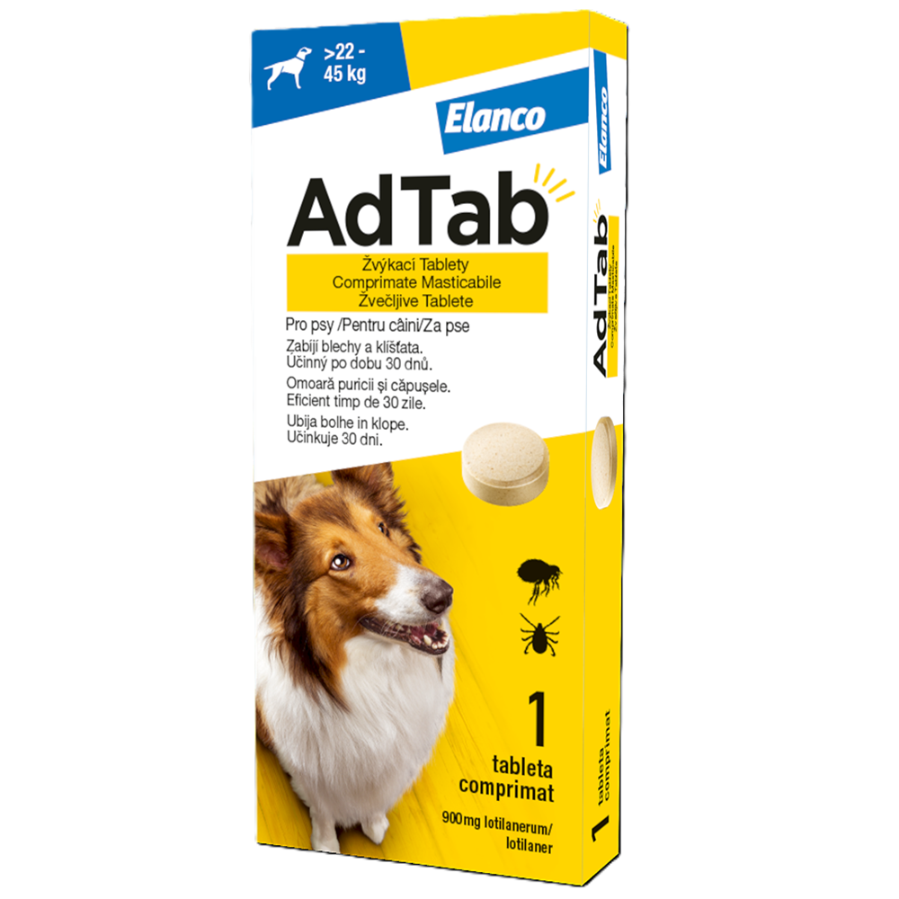 Antiparazitar oral pentru caini 22-45 kg AdTab Dog, 900 mg, 1 tableta, Elanco
