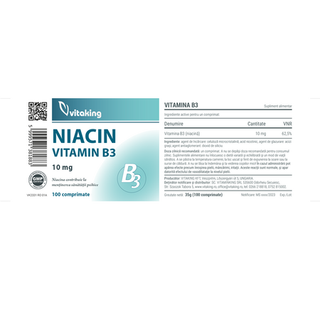 Vitamina B3, 10 mg, 100 comprimate, Vitaking 589397