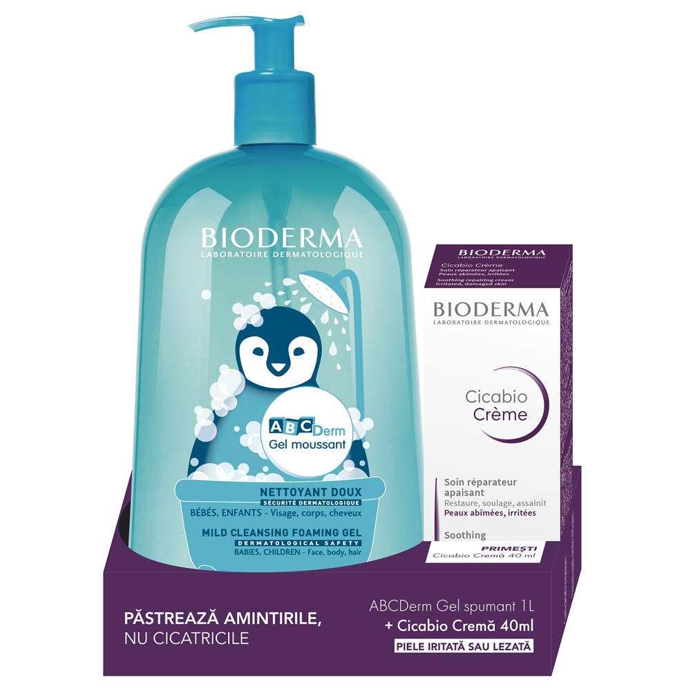 Pachet Gel spumant ABCDerm 1000 ml + Crema reparatoare Cicabio 40 ml, Bioderma