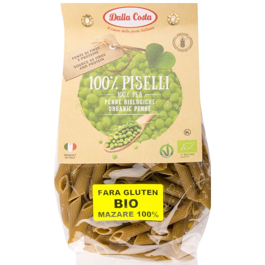 Paste eco penne din mazare fara gluten, 250 g, Dalla Costa