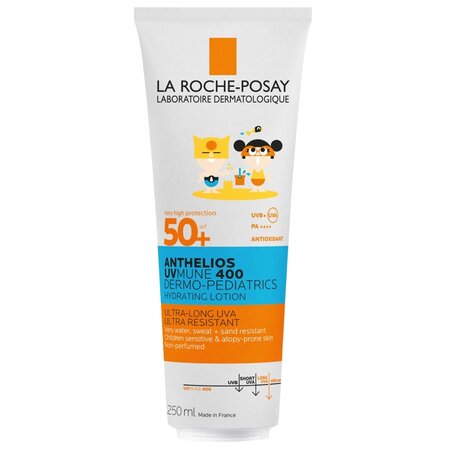 Lapte hidratant cu protecție solară potrivit pentru pielea sensibilă a copiilor Anthelios UVMUNE 400 Dermo-Pediatrics Lotiune Hidratanta SPF50+, 250 ml, La Roche-Posay