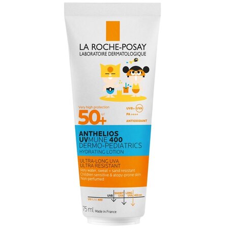 Lapte hidratant cu protecție solară potrivit pentru pielea sensibilă a copiilor Anthelios UVMUNE 400 Dermo-Pediatrics Lotiune Hidratanta SPF50+, 75 ml, La Roche-Posay
