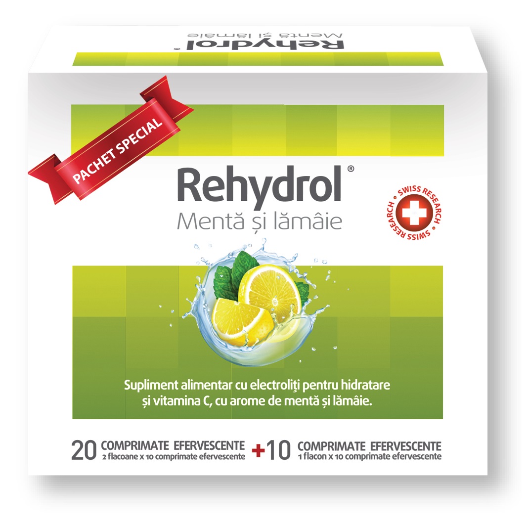 Saruri de rehidratare cu menta si lamaie Rehydrol, 20 + 10 comprimate efervescente, MBA Pharma Innovation