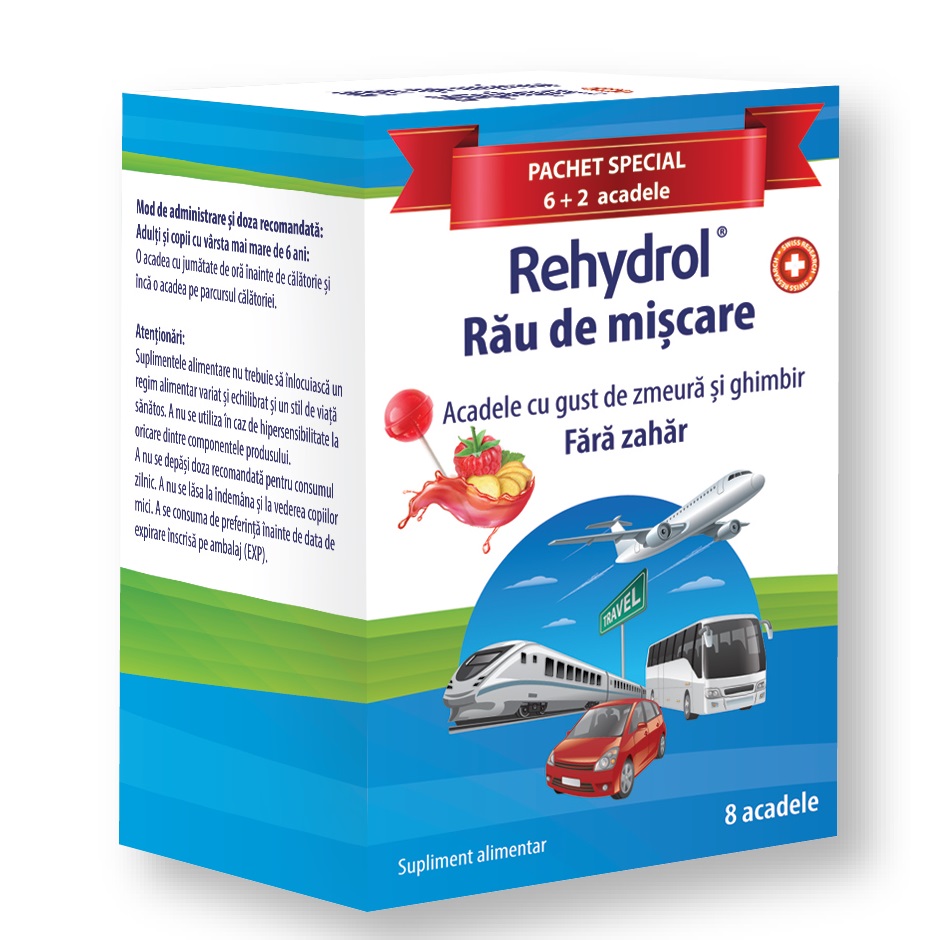 Acadele pentru rau de miscare cu zmeura si ghimbir Rehydrol, 6 + 2 acadele, MBA Pharma Innovation