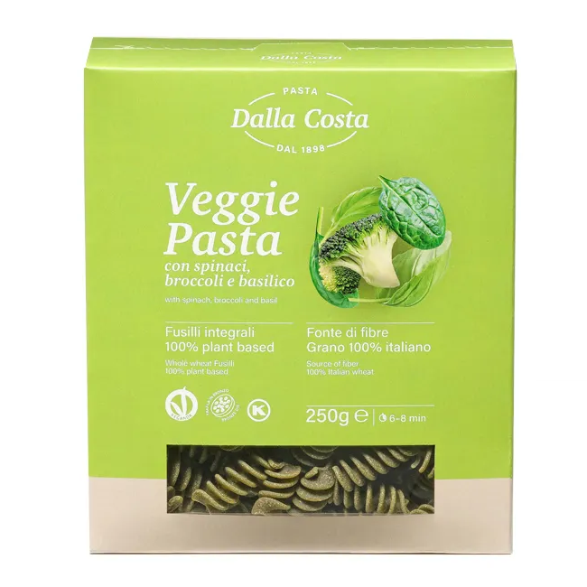 Paste fusilli din grau dur cu brocoli, spanac si busuioc, 250 g, Dalla Costa