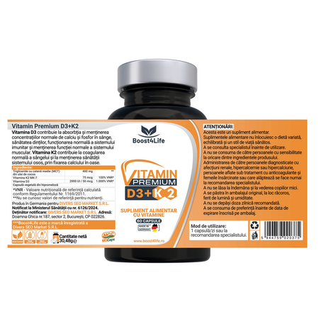 Vitamina D3 + K2 Premium MGCaps, 60 capsule, Boost4Life 692905