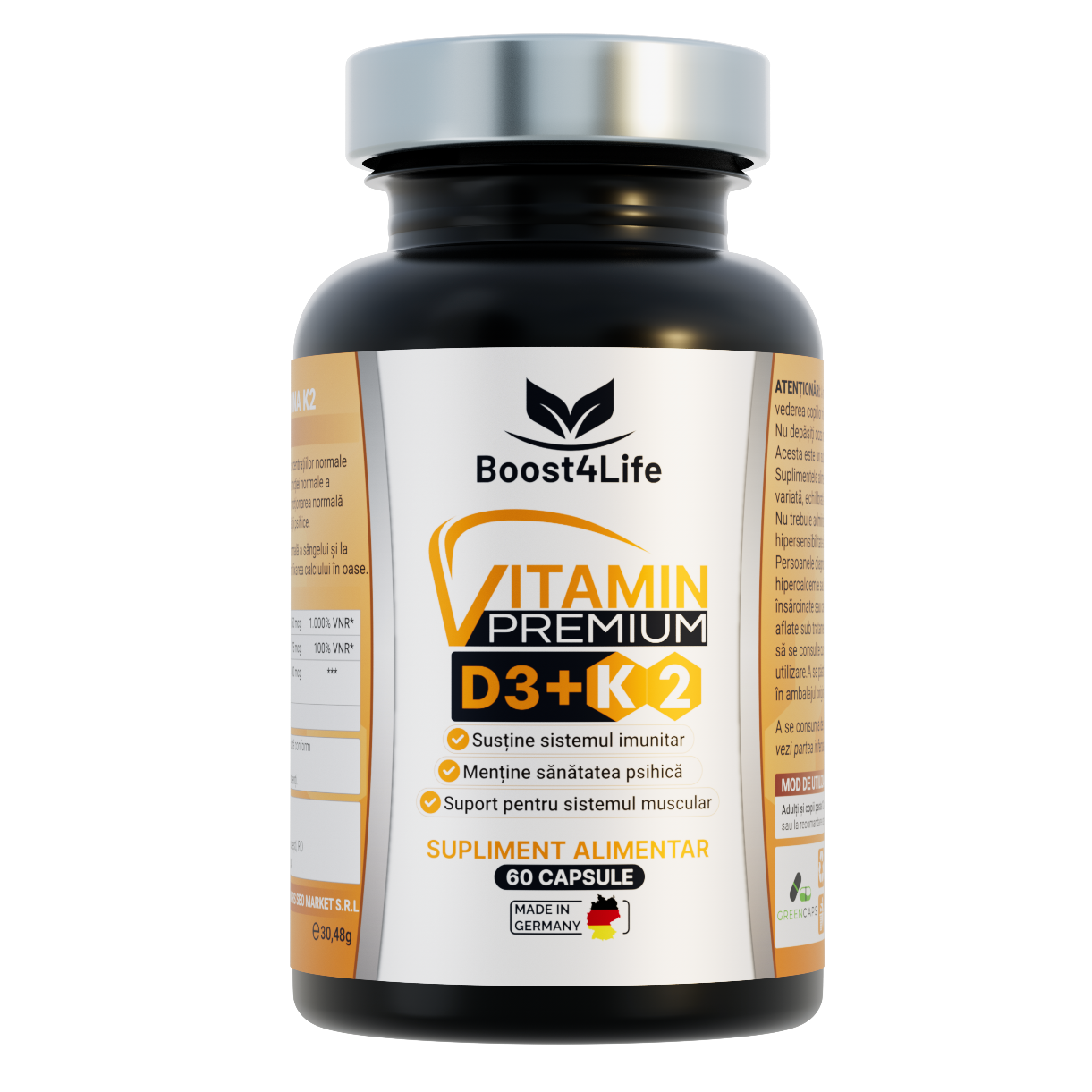 Vitamina D3 + K2 Premium GreenCaps, 60 capsule, Boost4Life