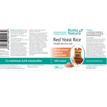 Drojdie din orez rosu Red Yeast Rice, 30 capsule, Rotta Natura 598113