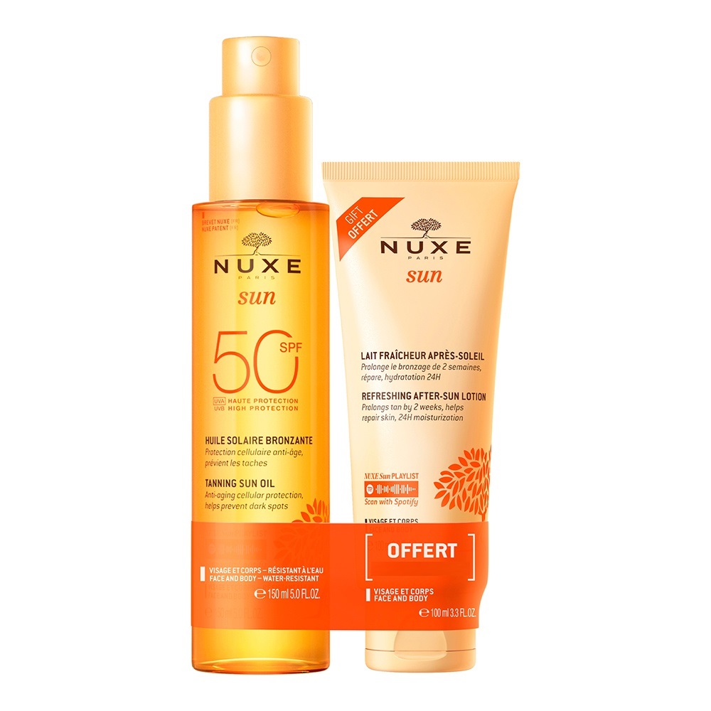 Set Ulei pentru bronzat cu protectie solara SPF50 pentru fata si corp, 150 ml + Lotiune dupa expunere solara, 100 ml, Sun, Nuxe