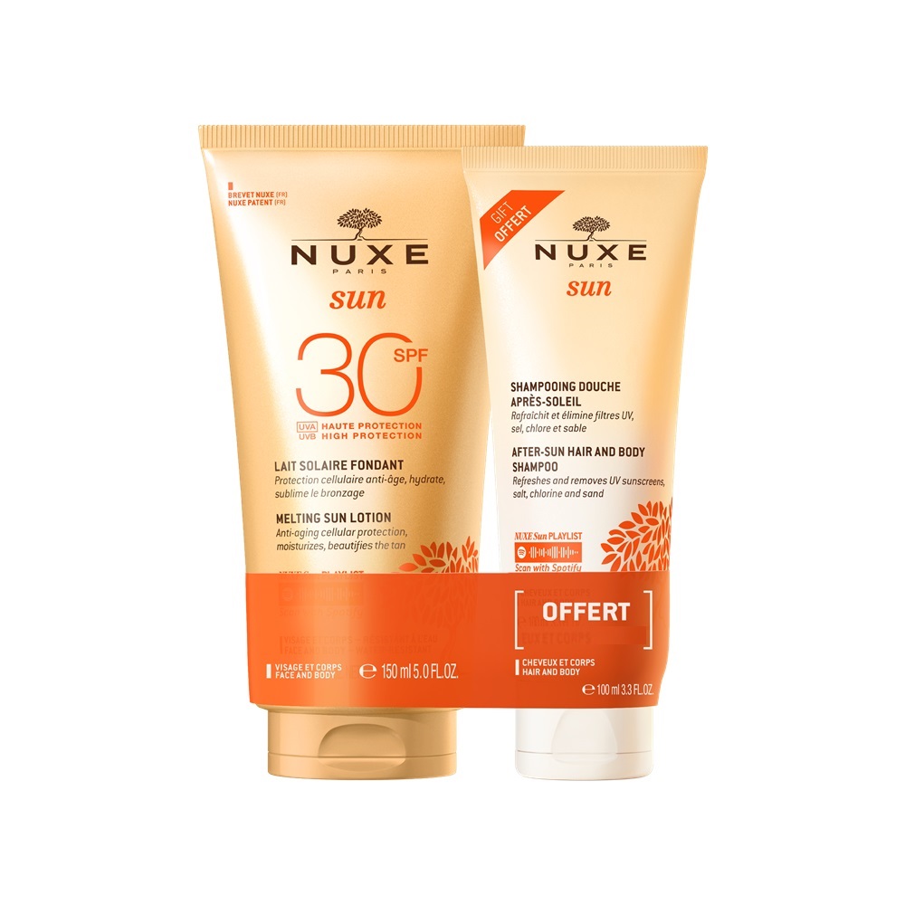 Set Lotiune cu protectie solara SPF30 pentru fata si corp, 150 ml + Sampon dupa expunere solara pentru par si corp, 100 ml, Sun, Nuxe