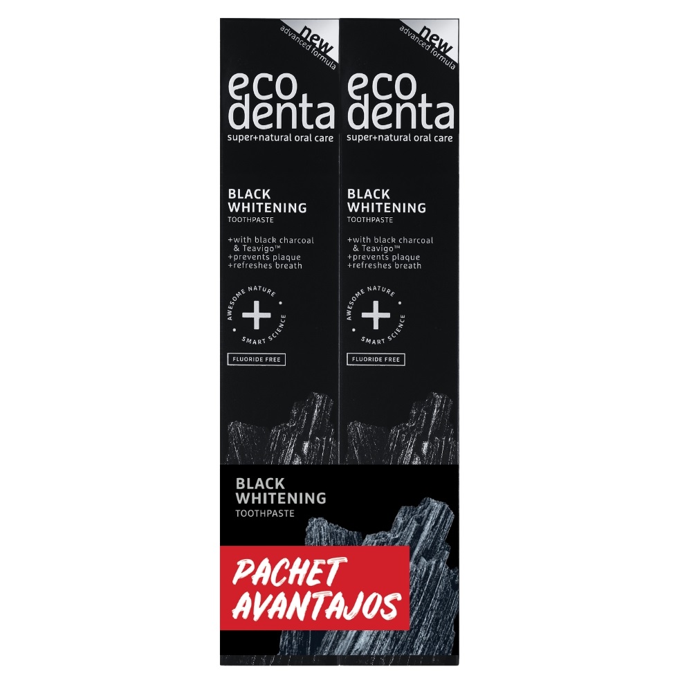 Pachet Pasta de dinti cu carbune si Teavigo Black Whitening, 75 ml + 75 ml, Ecodenta