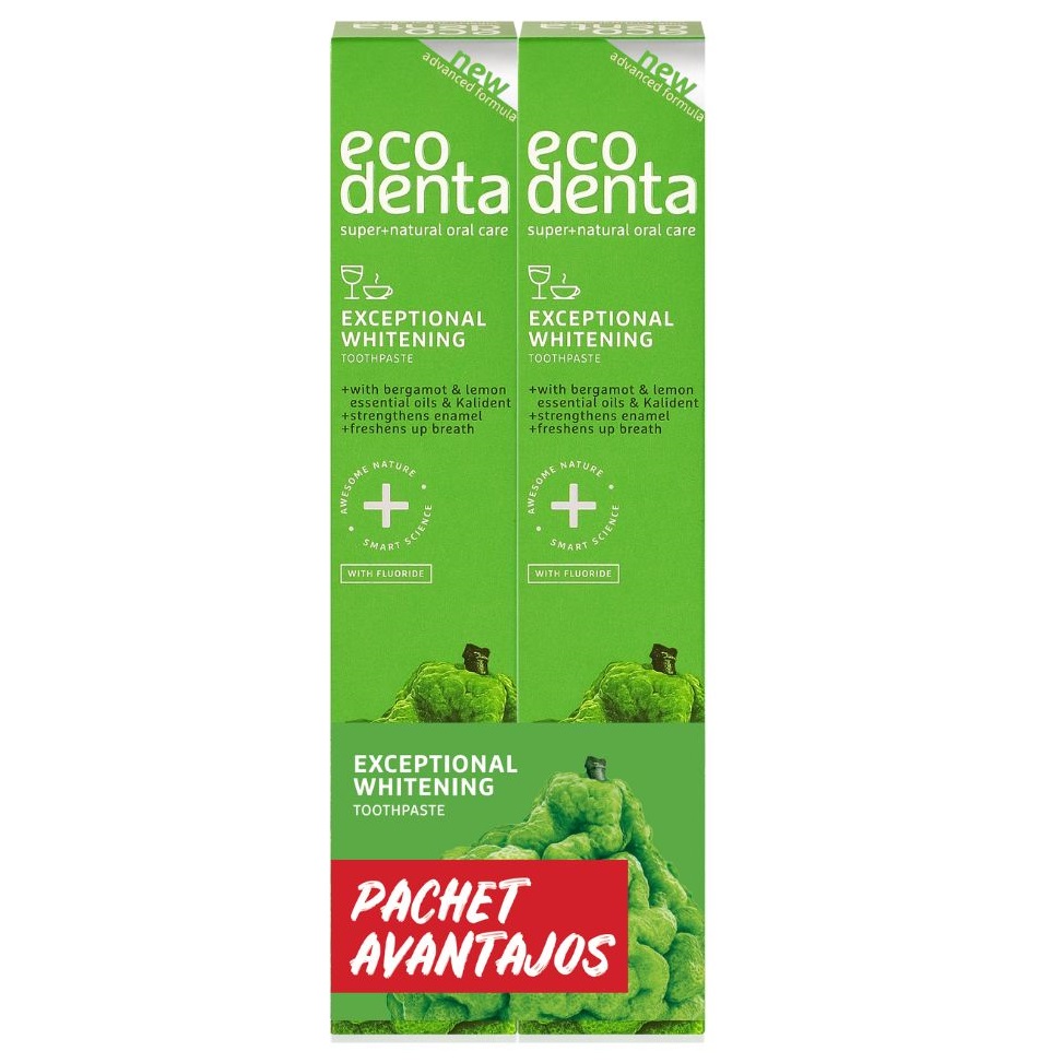 Pachet Pasta de dinti cu bergamot, uleiuri de lamaie si kalident Exceptional Whitening, 75 ml + 75 ml, Ecodenta