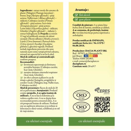Spray pentru gat cu propolis si menta Calmotusin, 20 ml, Dacia Plant 731613