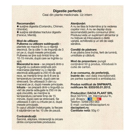 Ceai Digestie perfecta, 50 g, Dacia Plant 736653
