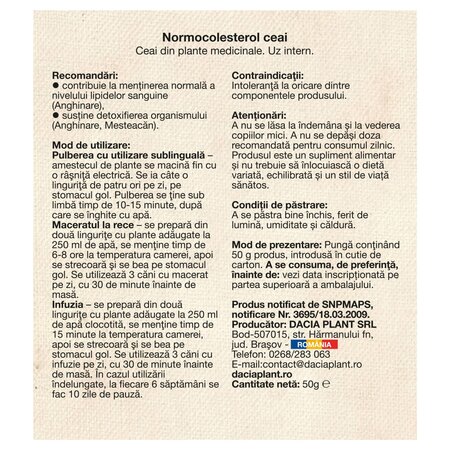Ceai Normocolesterol, 50 g, Dacia Plant 737193
