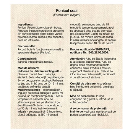 Ceai de fenicul, 50 g, Dacia Plant 736786