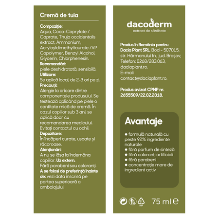 Crema de Tuia Dacoderm, 75 ml, Dacia Plant 593860