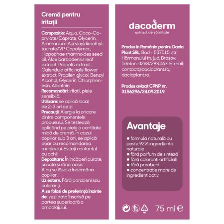 Crema pentru iritatii Dacoderm, 75 ml, Dacia Plant 593863