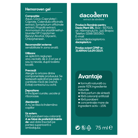 Gel Hemoroven Dacoderm, 75 ml, Dacia Plant 593866
