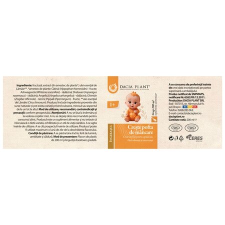 Sirop Creste pofta de mancare Ingerasul, 200 ml, Dacia Plant 739098