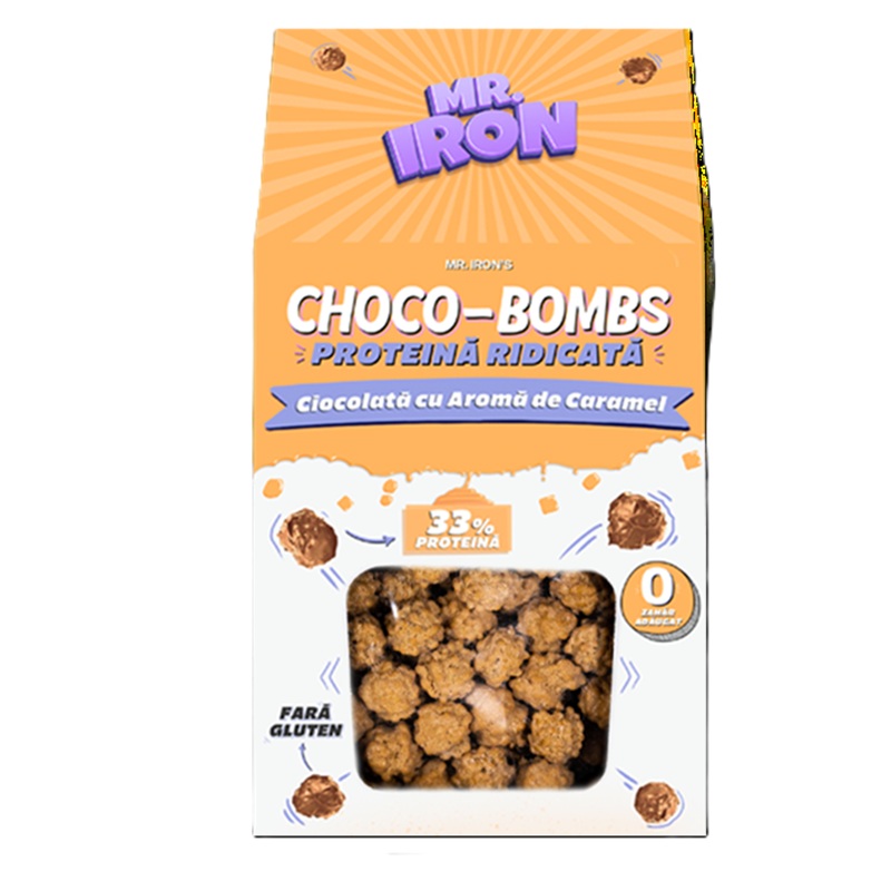 Praline proteice cu ciocolata si caramel, fara zahar si fara gluten ChocoBombs, 100 g, Mister Iron