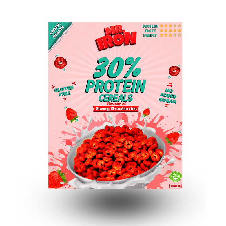 Cereale proteice cu capsuni si mar, vegane, fara zahar si fara gluten, 250 g, Mister Iron