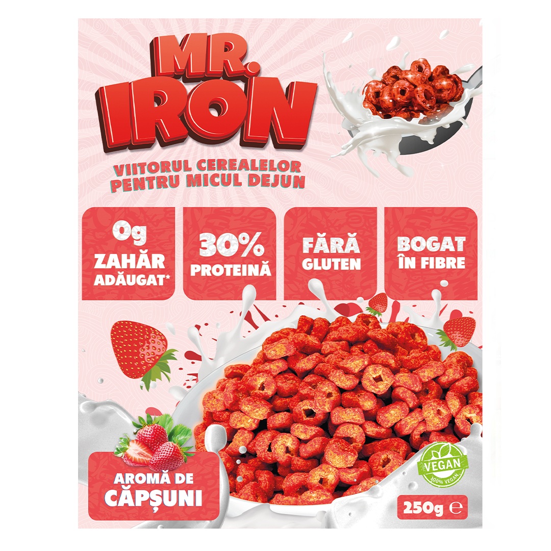 Cereale proteice cu aroma de capsuni, 250 g, Mister Iron
