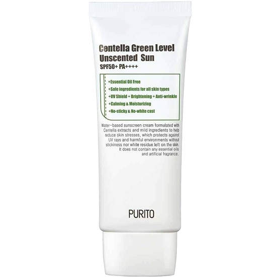 Crema de fata vegana cu protectie solara SPF 50 fara miros Centella Green Level Unscented Sun, 60 ml, Purito