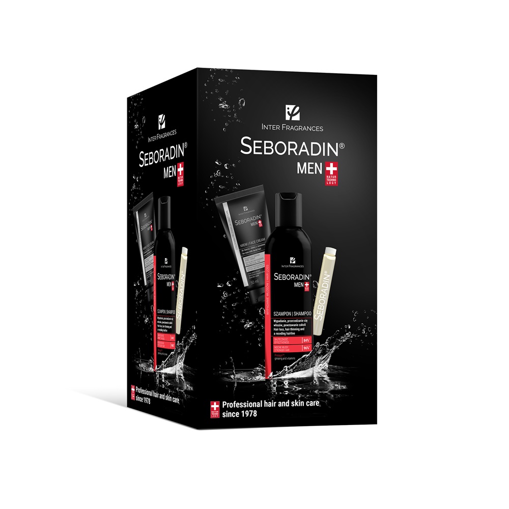 Pachet Seboradin Men Forte Tratament 14 fiole x 5,5 ml + Crema Faciala x 50 ml + Sampon x 200 ml