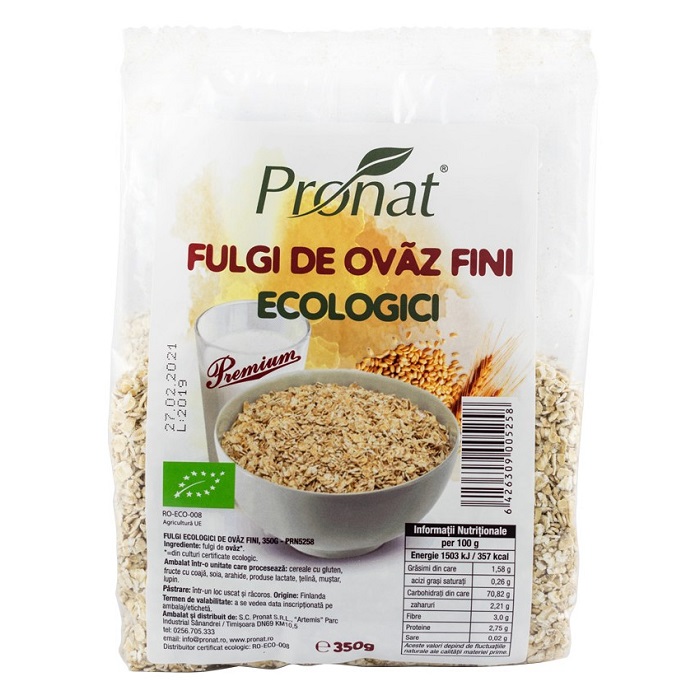 Fulgi de ovaz fini ecologici, 350 g, Pronat