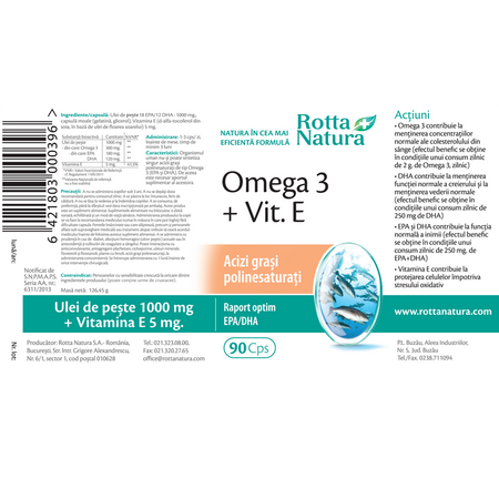 Omega 3 + Vitamina E, 1000 mg, 90 capsule, Rotta Natura 597912
