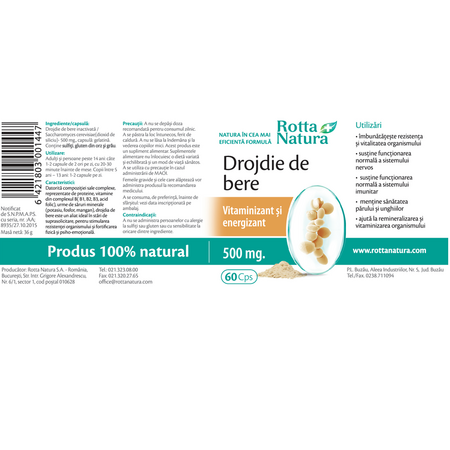 Drojdie de bere, 500 mg, 60 capsule, Rotta Natura 598115