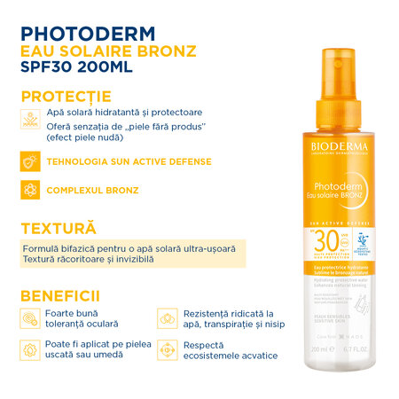 Apa cu protectie solara SPF 30 pentru piele sensibila Photoderm Bronz, 200 ml, Bioderma 736472