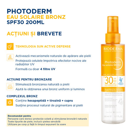 Apa cu protectie solara SPF 30 pentru piele sensibila Photoderm Bronz, 200 ml, Bioderma 736473