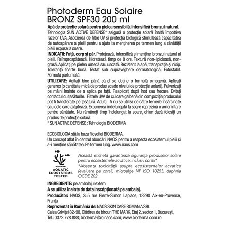 Apa cu protectie solara SPF 30 pentru piele sensibila Photoderm Bronz, 200 ml, Bioderma 736481