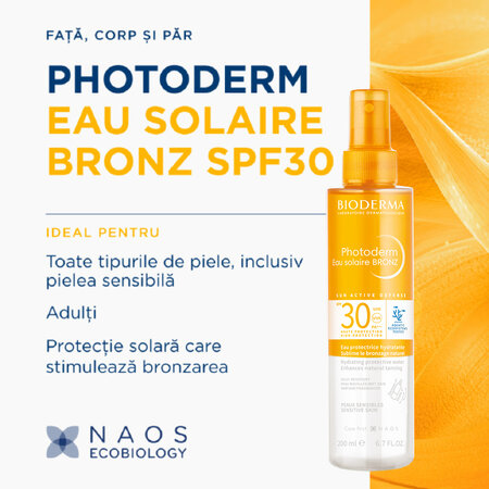 Apa cu protectie solara SPF 30 pentru piele sensibila Photoderm Bronz, 200 ml, Bioderma 736469