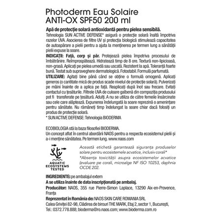 Apa cu protectie solara SPF 50 pentru piele sensibila Photoderm Anti-Ox, 200 ml, Bioderma 736009