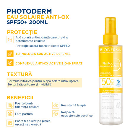 Apa cu protectie solara SPF 50 pentru piele sensibila Photoderm Anti-Ox, 200 ml, Bioderma 736000