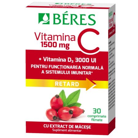 Vitamina C 1500 mg comprimat filmat RETARD + Vitamina D3 3000 UI, 30 comprimate, Beres