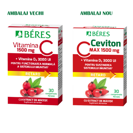 Vitamina C 1500 mg + Vitamina D3 3000 UI Retard, 30 comprimate filmate, Beres