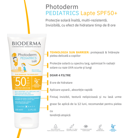 Lapte cu protectie solara SPF 50+ pentru copii Photoderm Pediatrics, 100 ml, Bioderma 598375