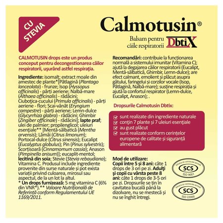 Calmotusin cu stevia Dbtix, 20 dropsuri, Dacia Plant 730158