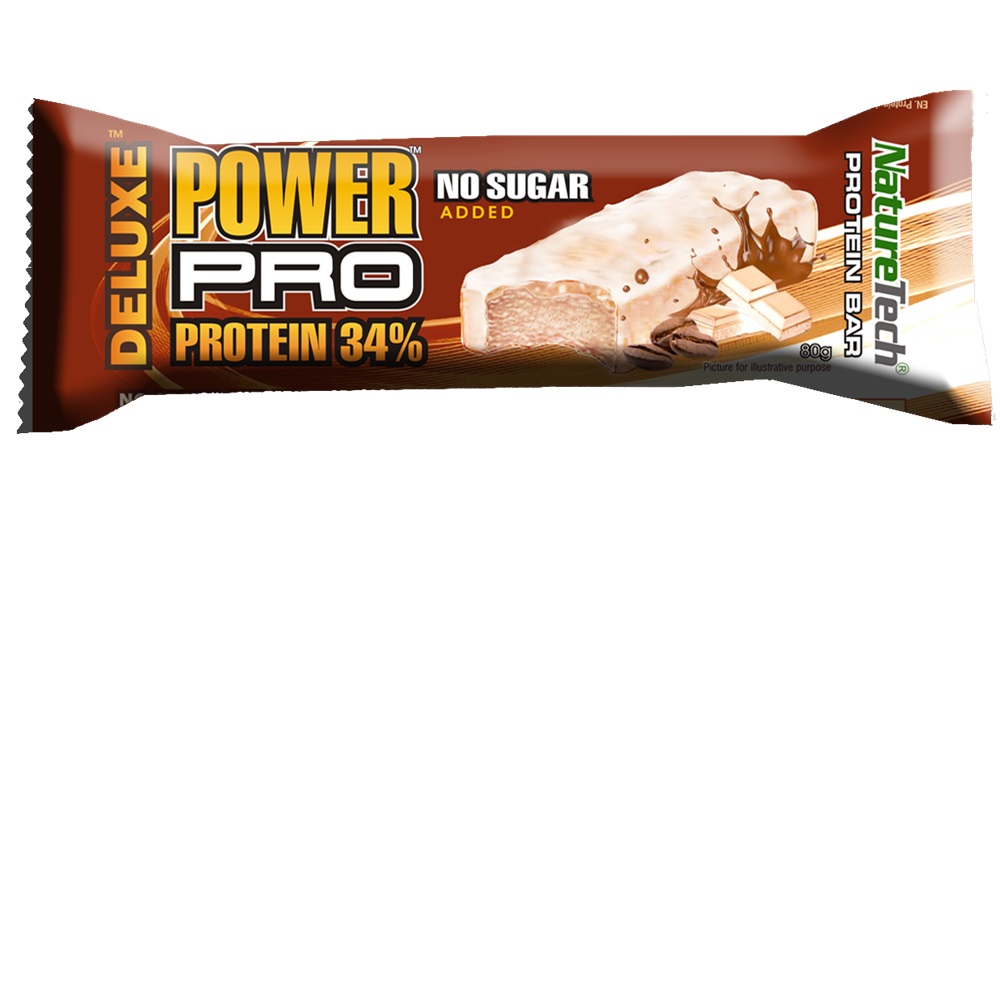 Baton energizant fara zahar 34% proteina cu aroma Mocca Power Pro Deluxe, 80 g, Nature Tech