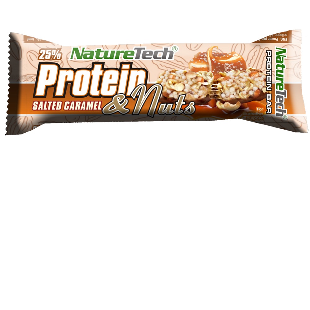 Baton energizant fara zahar cu 21% Proteine, Caramel sarat si nuci, 45 g, Nature Tech