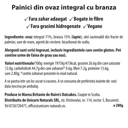 Painici din ovaz integral cu branza, 200 g, Nairns 600038